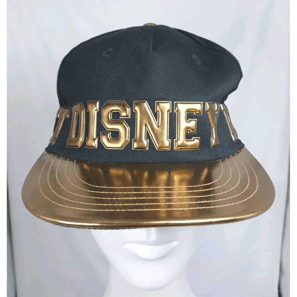 Disney World Parks Flat Bill Hat Cap Adult Mens Snapback Black Gold Spellout